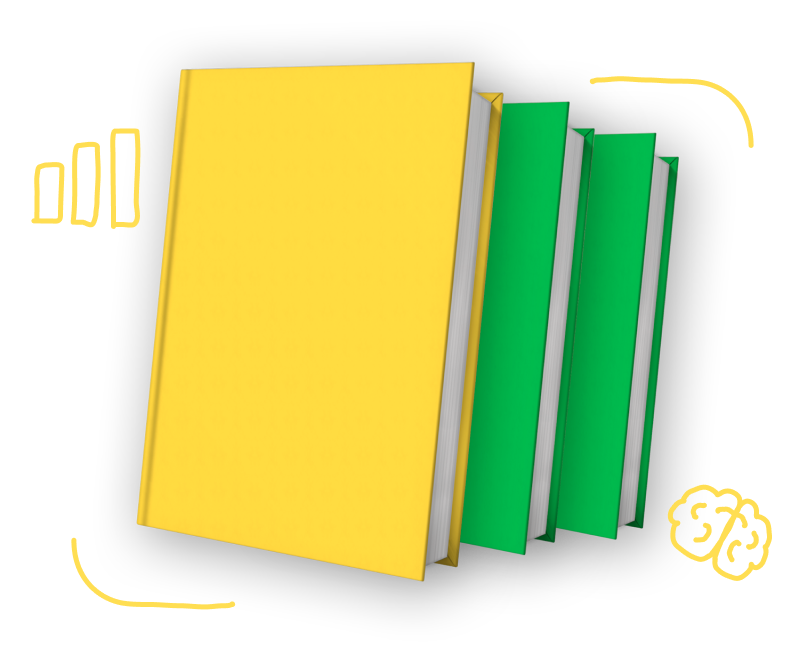 Books lined up with doodle drawings around them