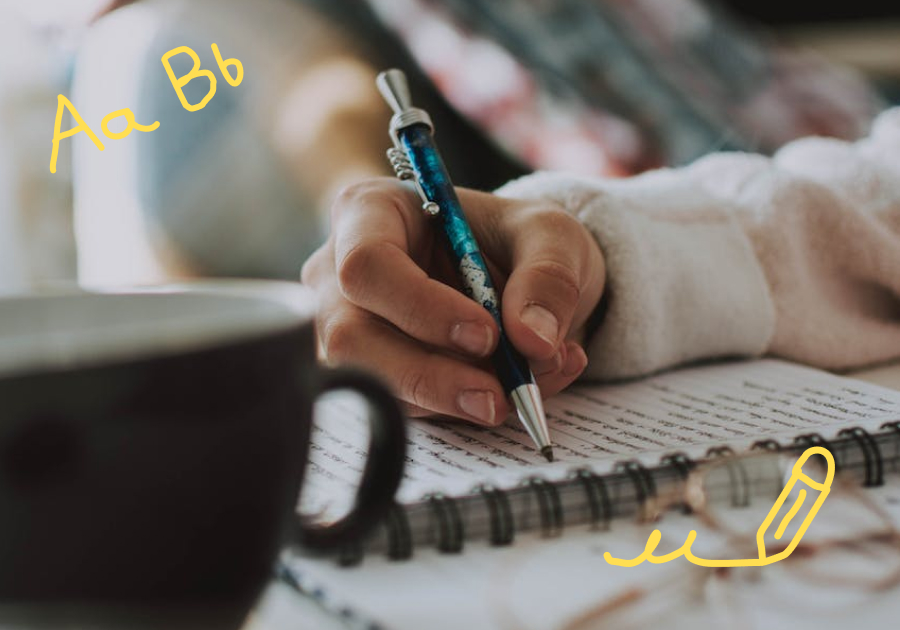 A student taking notes from the poem book for young students