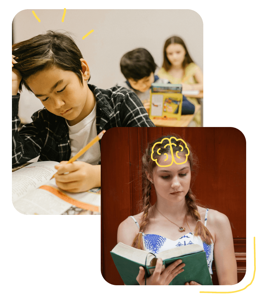 Collage of kids studying