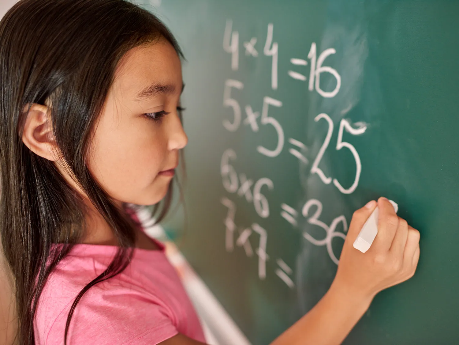 Girl writing multiplication facts on a chalkboard