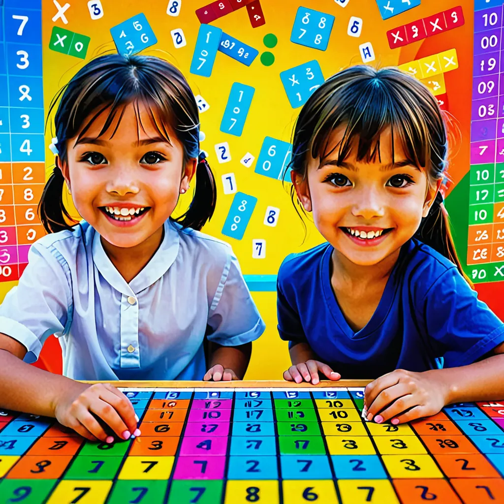 Two smiling girls with a colorful multiplication chart