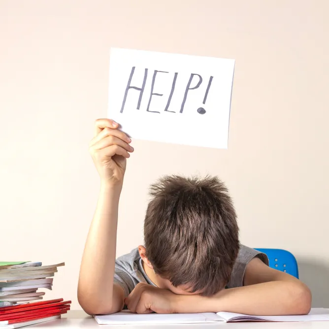 Frustrated boy with his head on his desk, holding up a sign that says Help