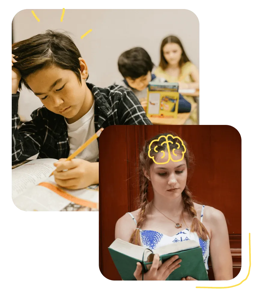 Students reading and writing, with a doodled thought bubble