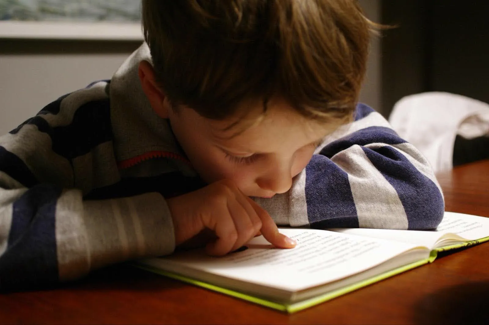 A child reading a book, utilizing a reading comprehension program.