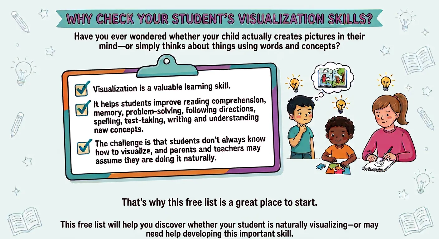 Illustration of a visualization checklist on a clipboard, beside a parent and two children picturing a story