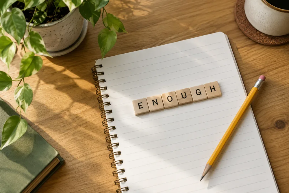 Wooden letter tiles spelling the word enough on an open notebook