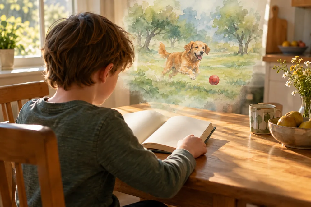 Child reading at a kitchen table while a picture of a dog chasing a ball forms above the book