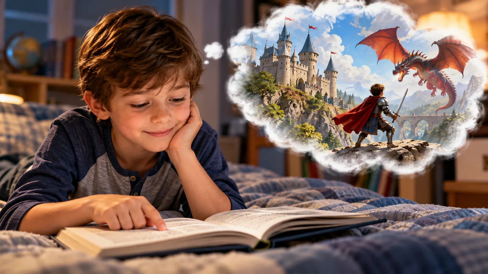 Boy lying on his bed reading, imagining a knight facing a dragon in front of a castle