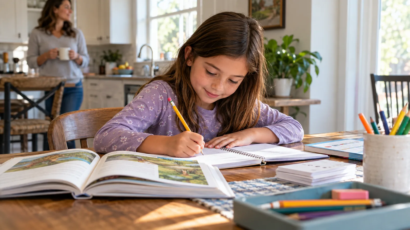 Girl writing in a notebook beside an open picture book at the kitchen table, her mother in the background