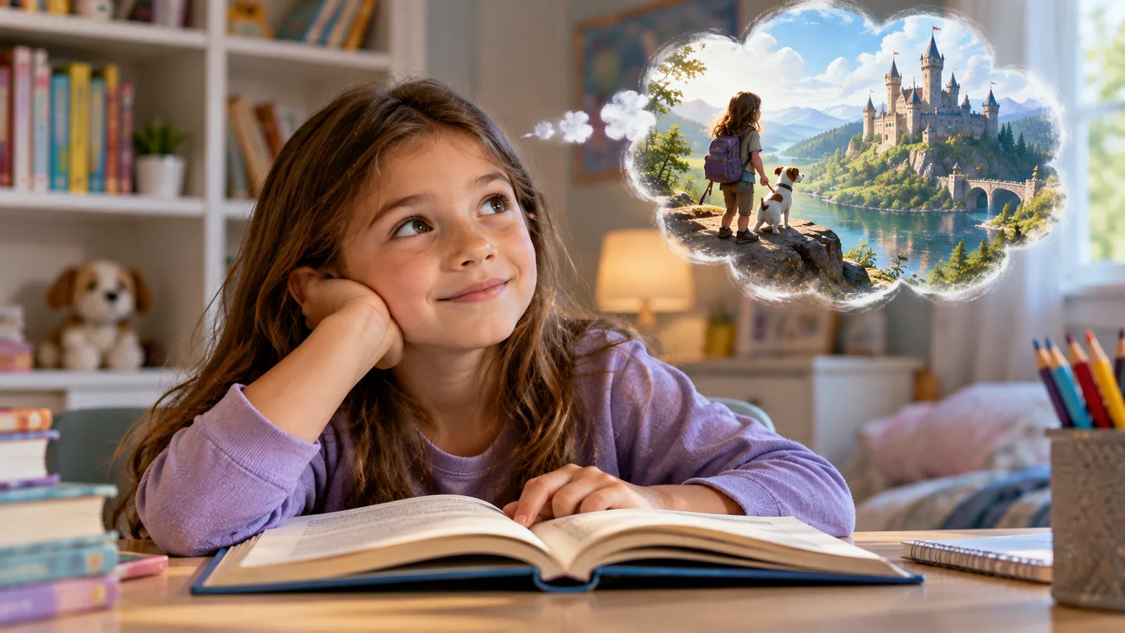 Girl reading at her desk, chin in hand, imagining a girl and her dog looking out at a castle across a lake