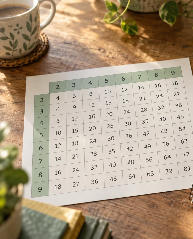 Multiplication chart from 2 to 9 on a sunny kitchen table beside a mug of coffee