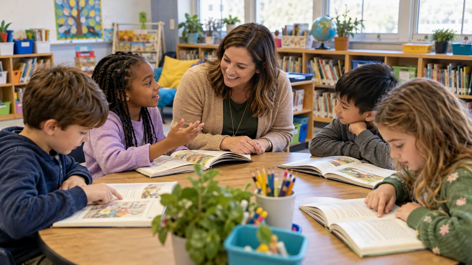 Teacher reading with four children around a classroom table, picture books open in front of them